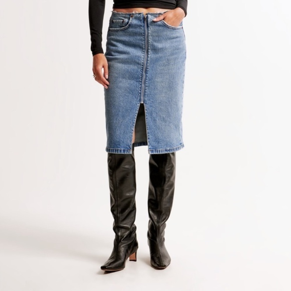 New Abercrombie Mid Rise Denim Zip-Front Midi Skirt size 27 petite